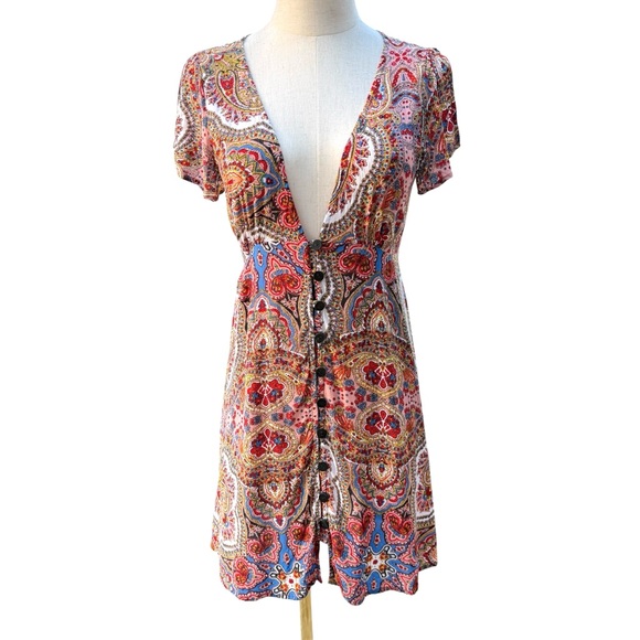 Cleobella Dresses & Skirts - Cleobella Paisley Mini Dress Deep V Boho Multicolor Festival Dopamine Small